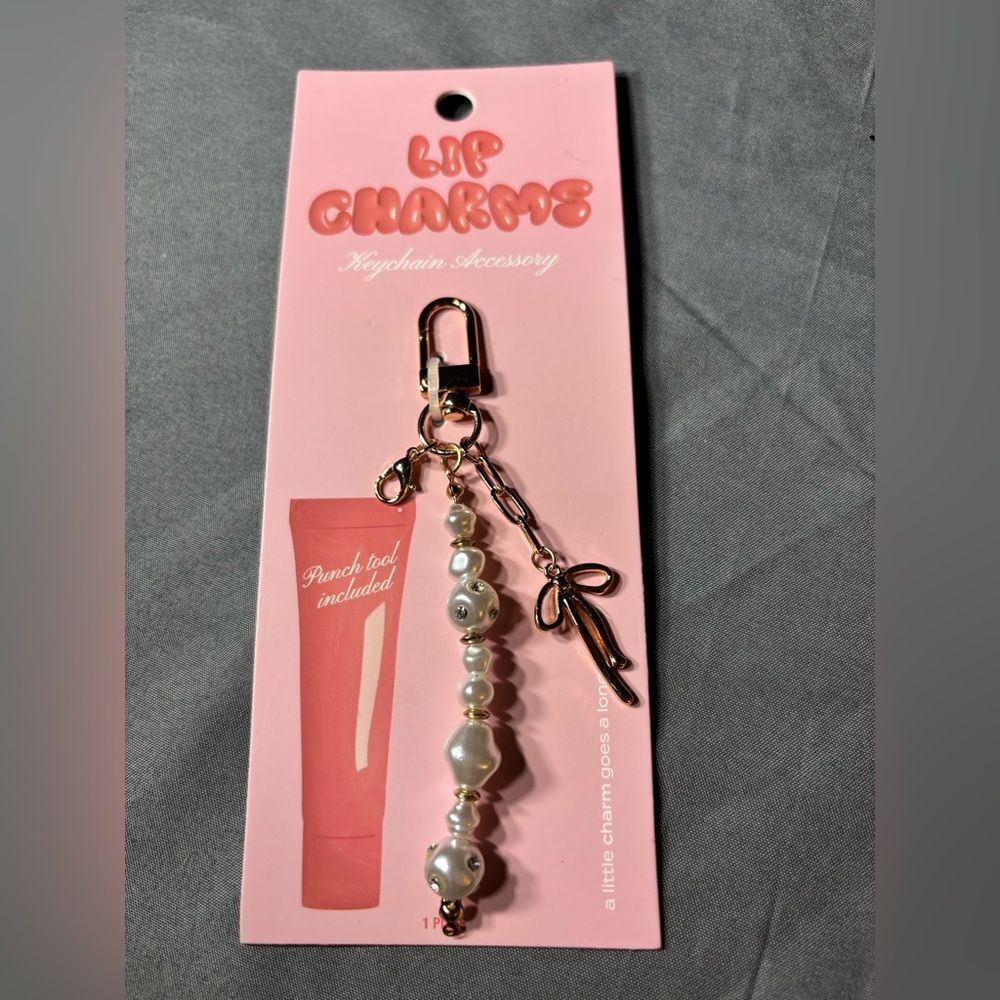 New Pearl Bead Keychain Charm with Gold Bow Accent - Women Makeup Accessory